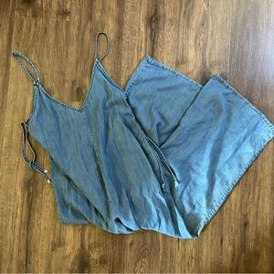 Lulus Comfortably Posh Medium Wash Chambray Wide-Leg Jumpsuit